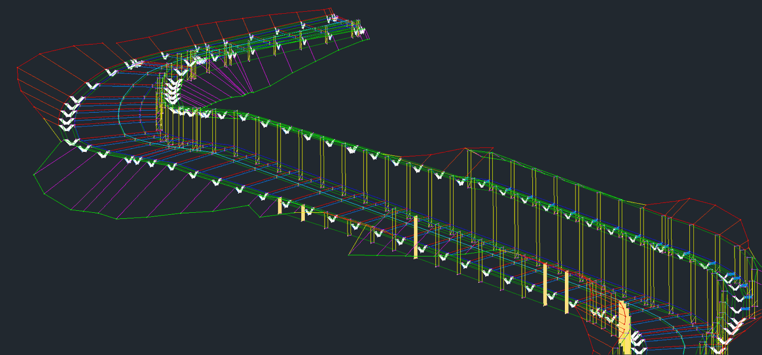 3D wireframe corridor model of Langmuir Road with retaining wall